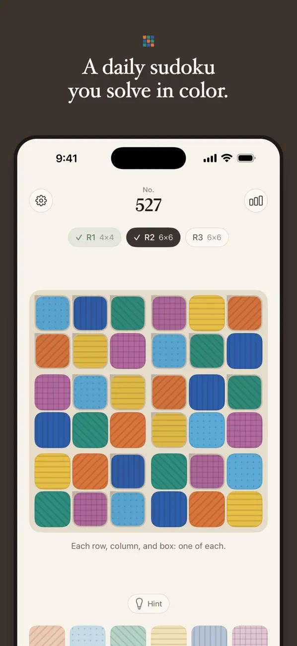 Hueline color sudoku app: a quiet daily color puzzle with no numbers