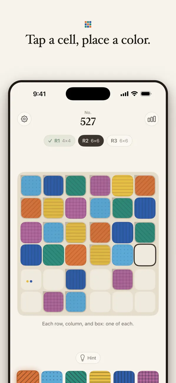 Playing color sudoku in Hueline: tap a cell, tap a color, one of each per row